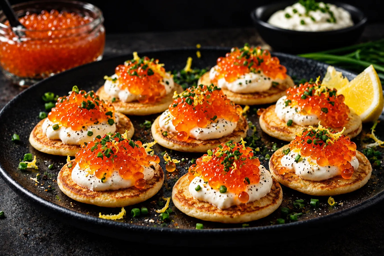 Ocean Trout Caviar Blinis with Crème Fraîche & Chives