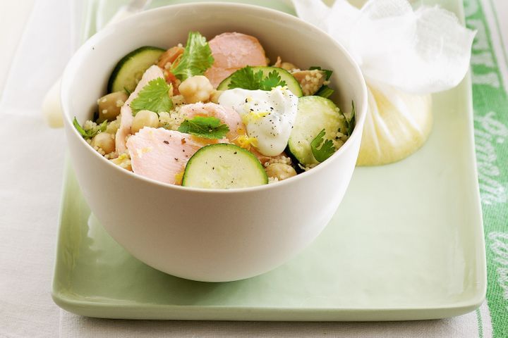 Ocean Trout Couscous in a white bowl.