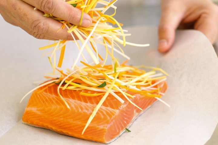 Ocean Trout En Papillote on baking paper.