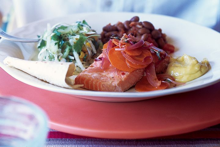 Ocean Trout Escabeche With Allioli displayed on white plate.