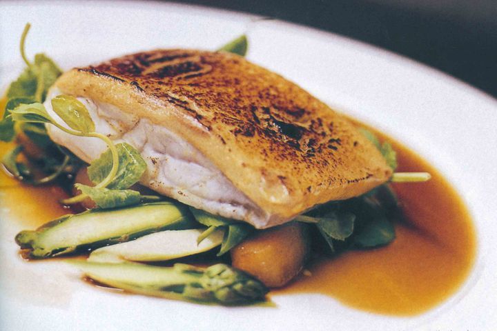 Oven-Roasted Blue Eye Cod with Mustard Crust on white plate.