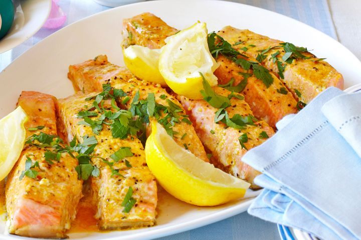 Oven Roasted Moroccan Salmon presented on plate.