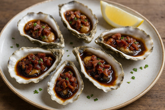 Oysters Kilpatrick on plate.