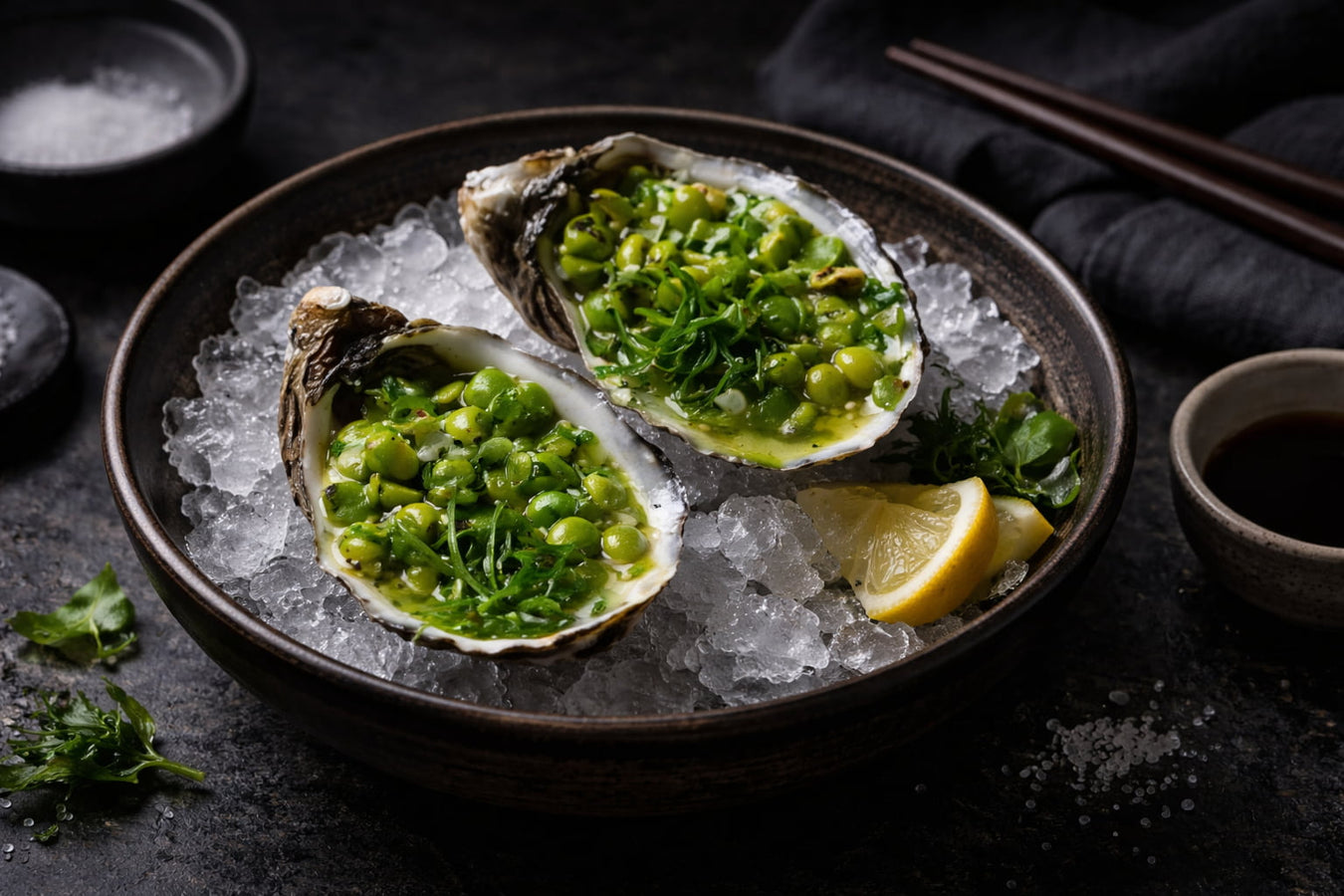 Pacific Oysters with Salted Cream & Charred Pea Salad