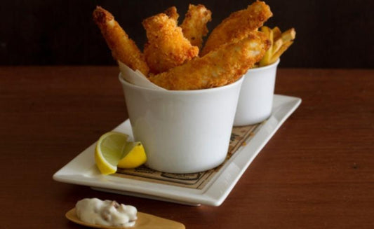Panko Crumbed Whiting Fillets With Smoked Paprika served in cups.
