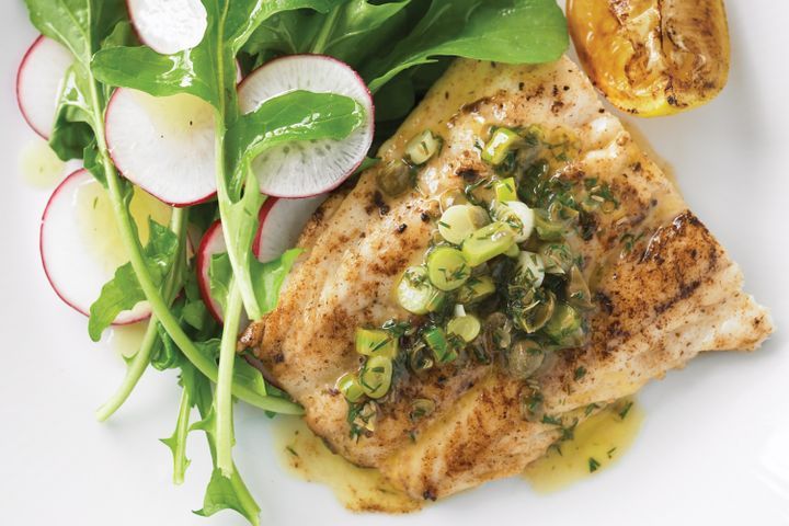 Panko Whiting With Lemon Dill Sauce displayed on plate.