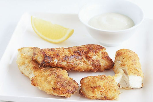 Parmesan Crusted Flathead on white serving platter.