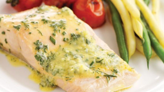 Poached Salmon with Blender Bearnaise displayed on plate.
