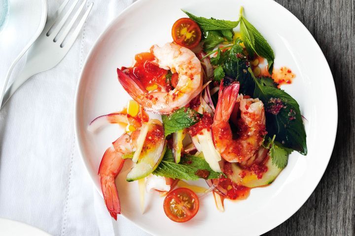 Prawn And Green Mango Salad displayed on a white plate.