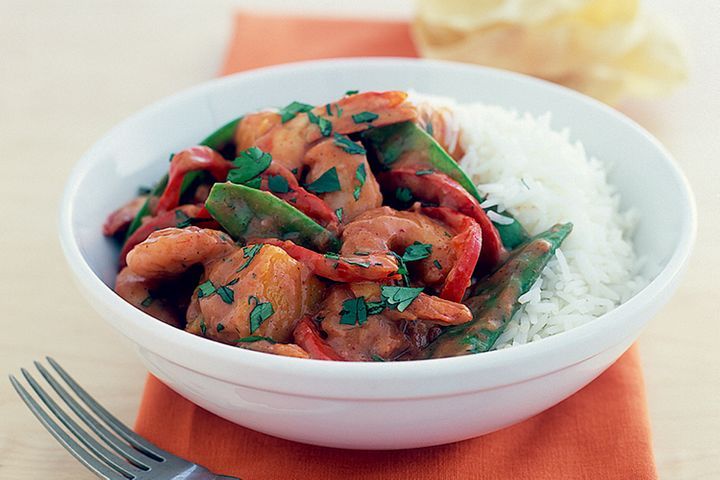 Prawn Curry in a white bowl.