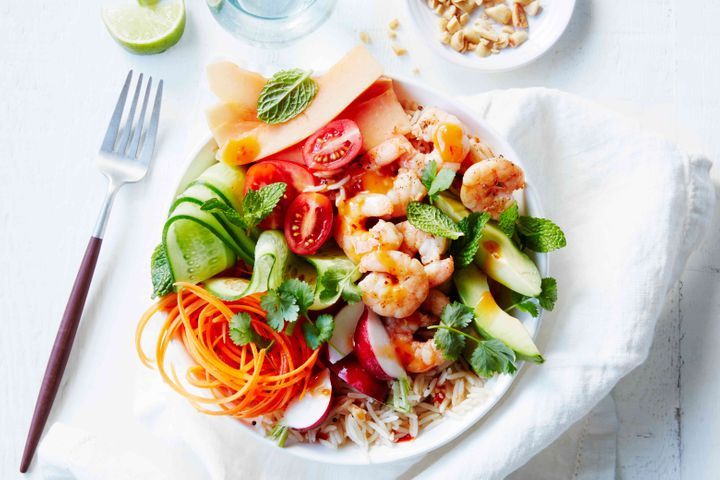 Prawn And Lime Rice Salad Bowl in a white bowl.