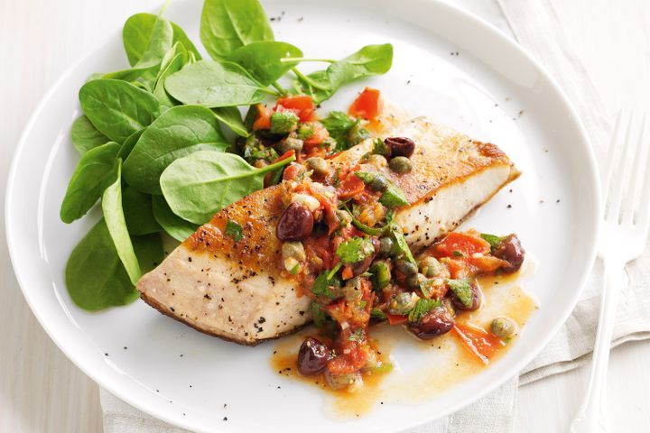 Provencale Kingfish on white plate.