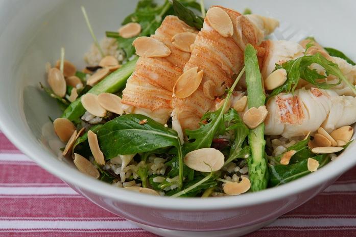 Salad of Moreton Bay Bugs & Brown Rice with Sesame Dressing in a bowl.