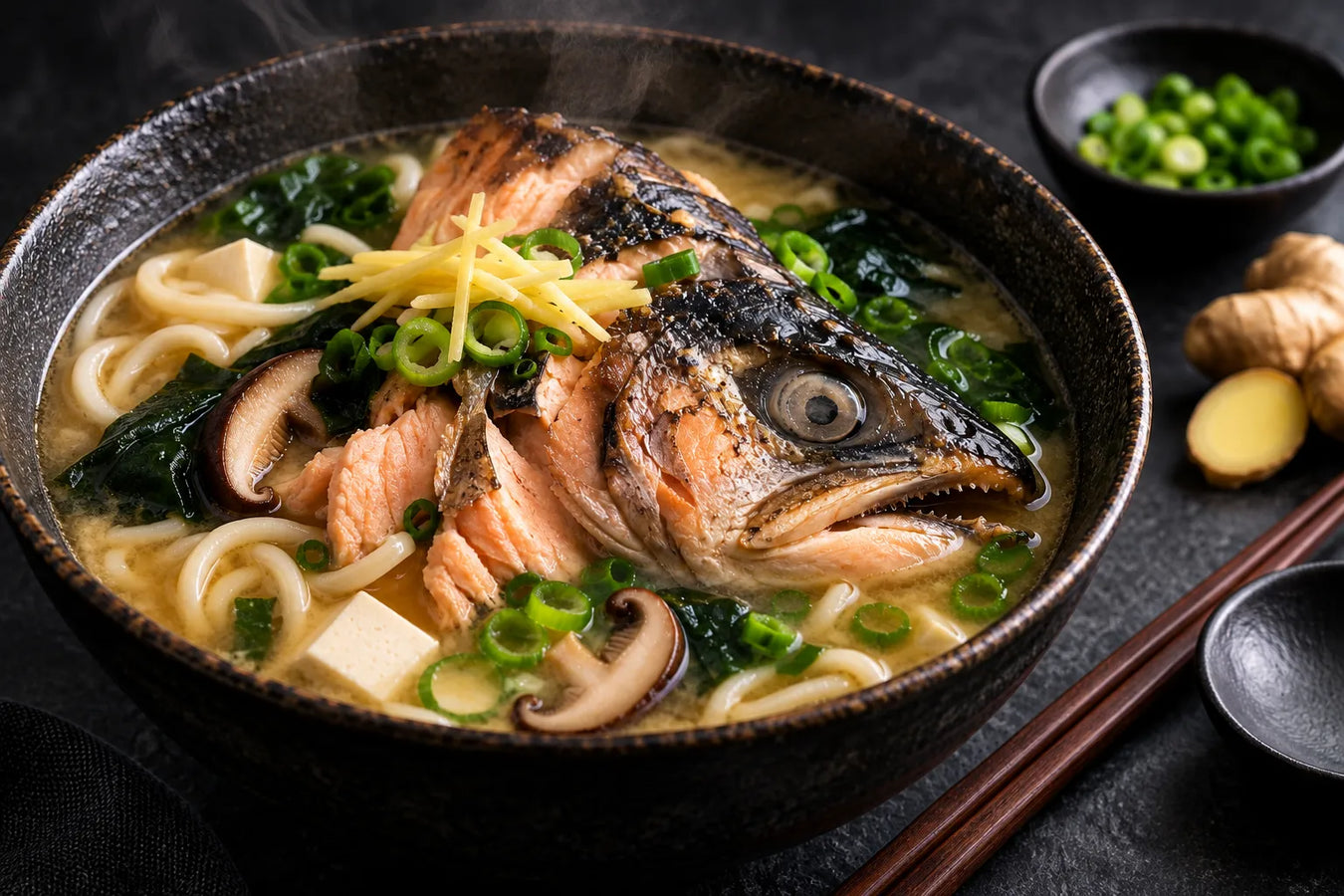 Salmon Head Miso Soup with Ginger & Noodles
