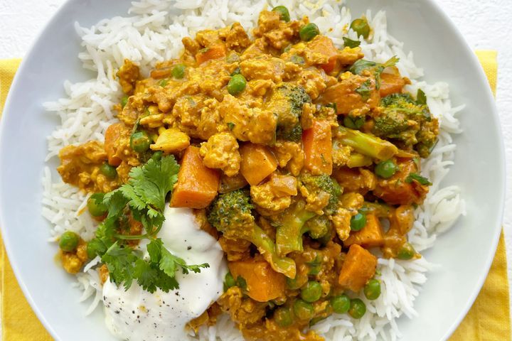 Salmon Mince Keema Curry presented on a plate.