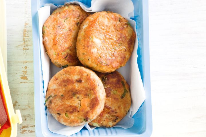 Salmon Patties in baking dish.