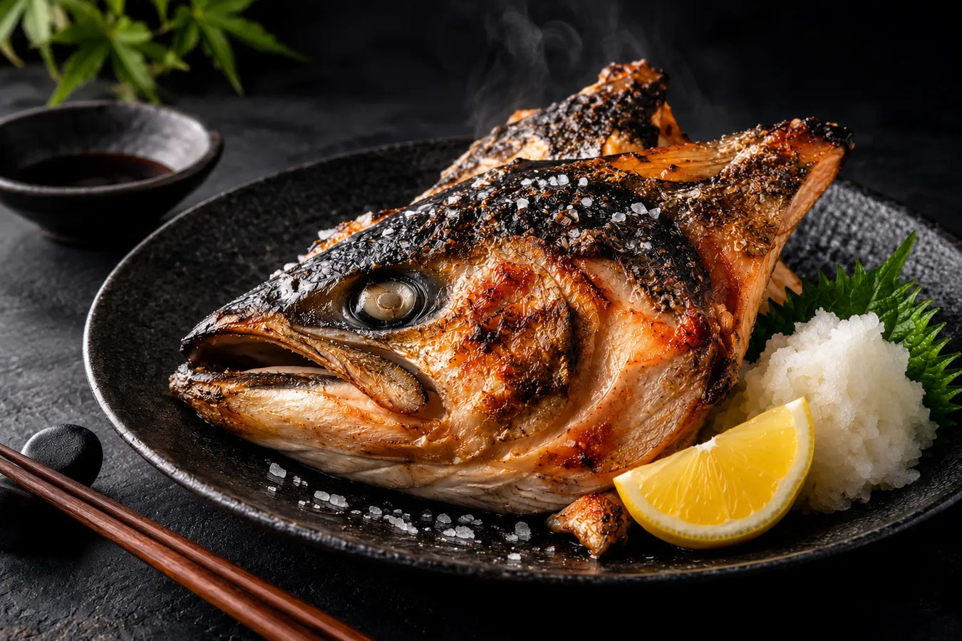 Salt-Grilled Salmon Head with Lemon & Daikon