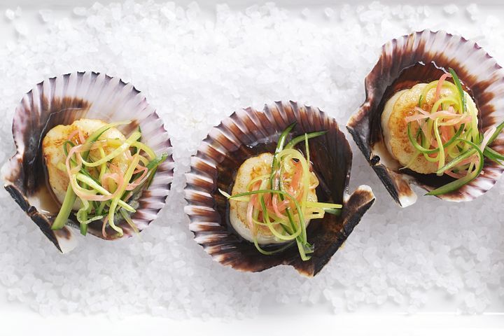 Scallops With Japanese Cucumber Dressing on sea salt.