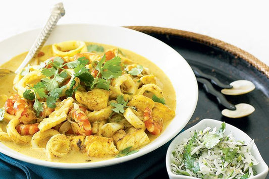Seafood Malabar displayed on a plate.