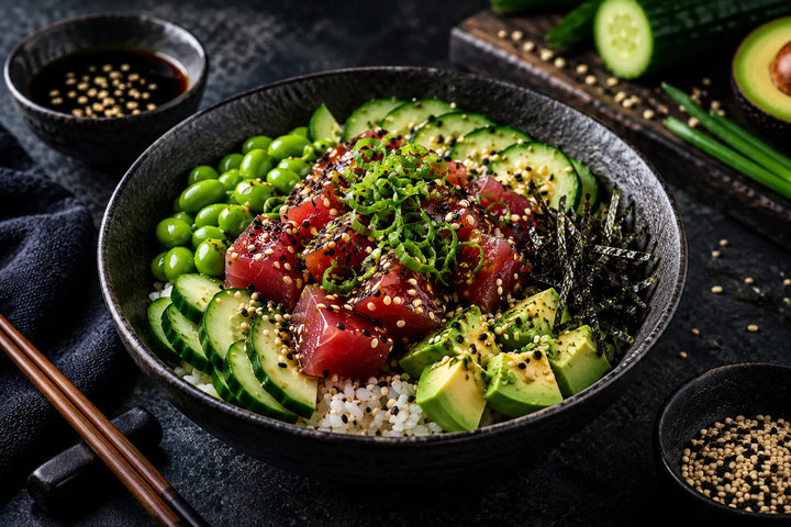 Sesame Tuna Poke Bowl with Edamame & Cucumber