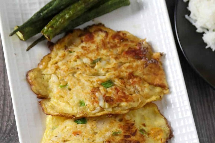 Silver Fish Omelette in serving dish.