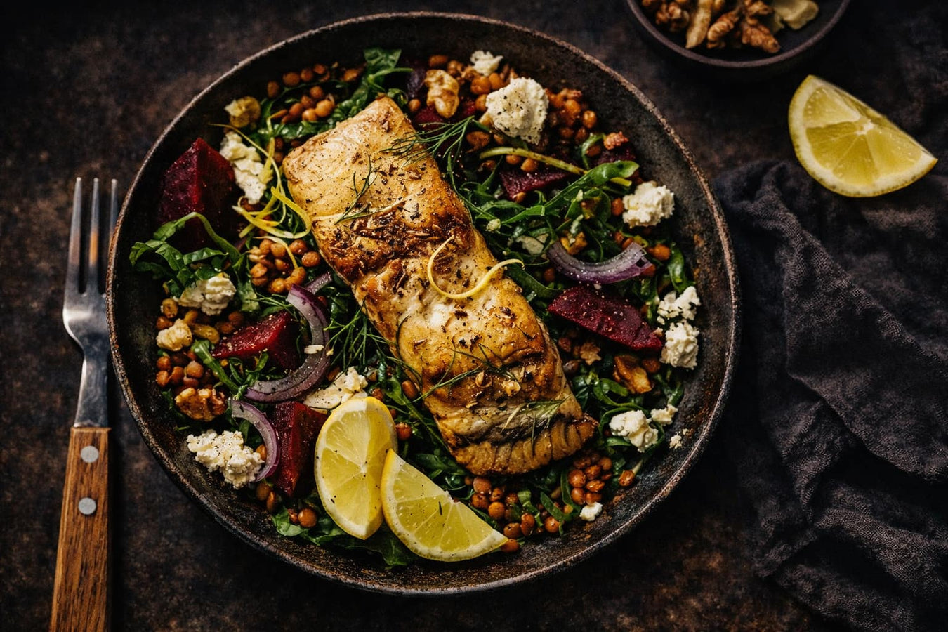 Silverbeet, Lentil And Fetta Salad With Barramundi