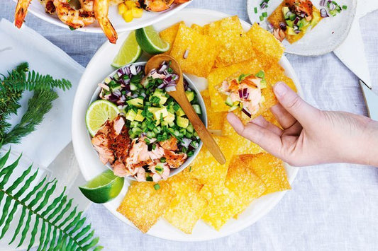 Smoked Salmon And Avocado Wonton Bites on a plate.