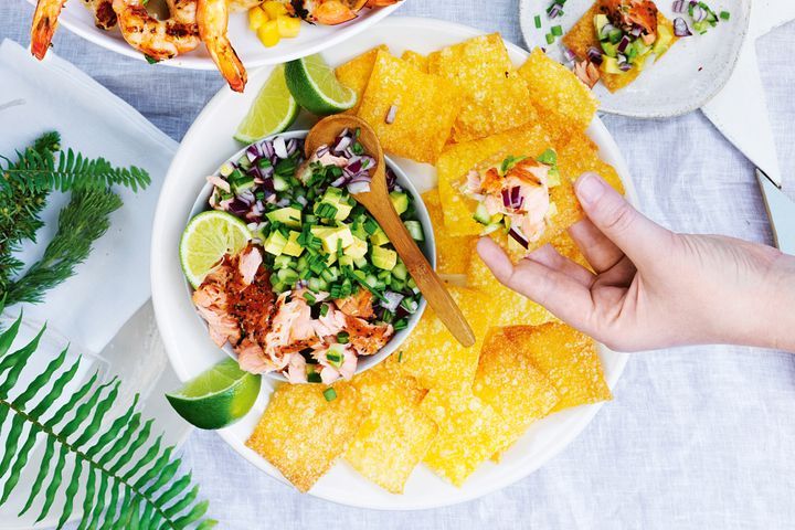 Smoked Salmon And Avocado Wonton Bites on a plate.