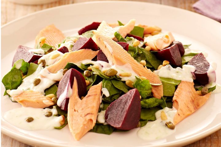 Smoked Trout With Spinach And Beetroot Salad displayed on plate.