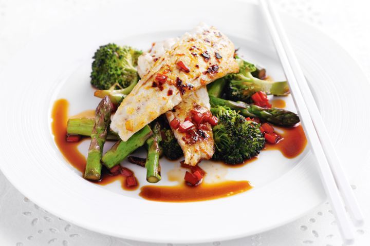 Spiced Flathead With Wok Tossed Vegetables on white dish.