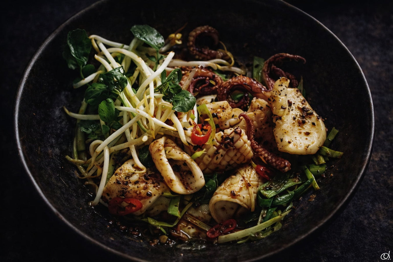 Stir Fried Salt And Pepper Squid With Chilli And Shallots
