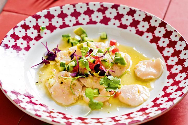 Tequila Scallop Ceviche presented on a plate.