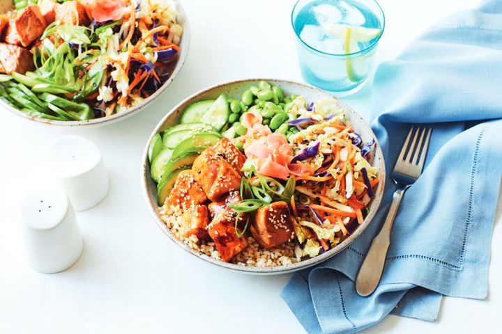 Teriyaki Salmon Poke Bowl displayed in plates.