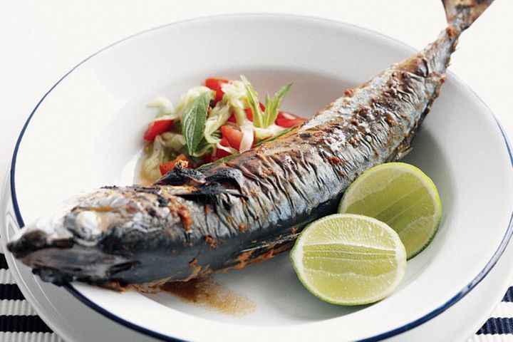 Thai Spiced Grilled Mackerel in white bowl.