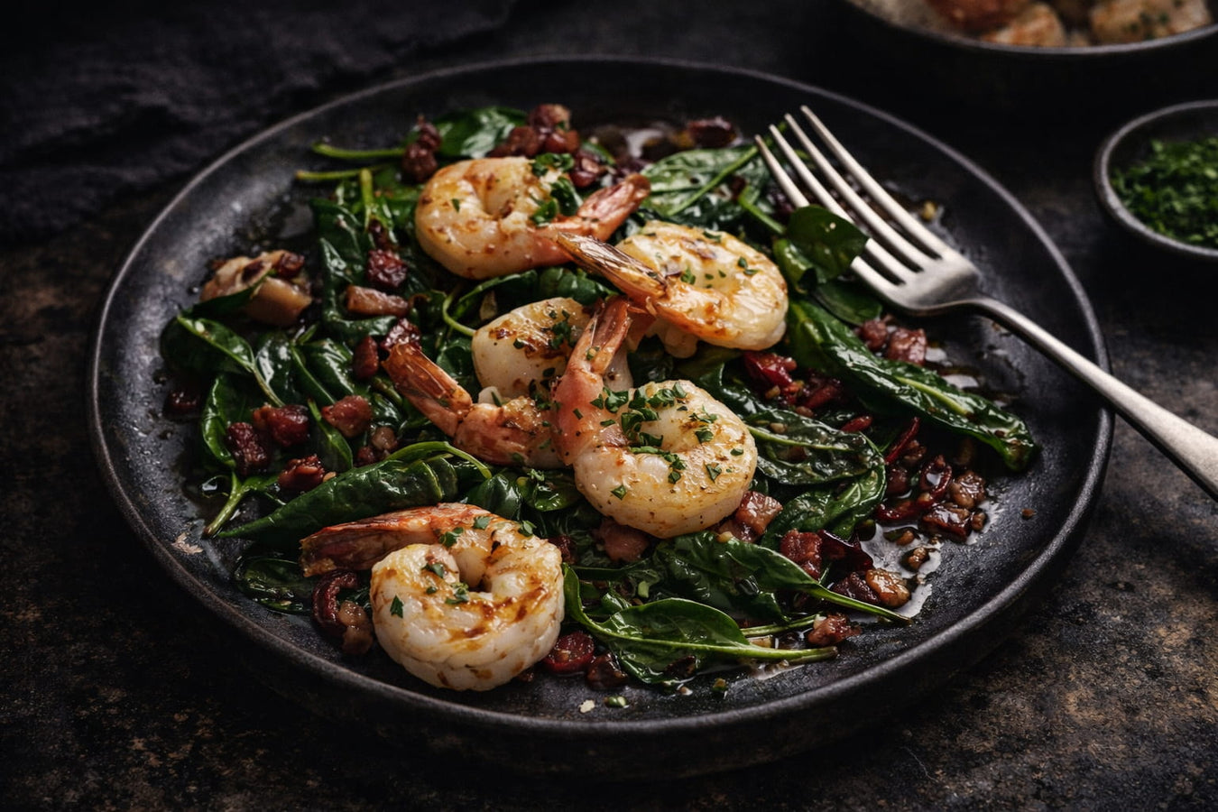 Tiger Prawns With Spinach And Bacon Chilli Vinaigrette