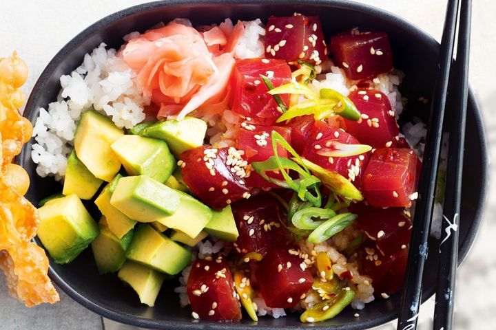 Tuna Poke Bowl on black plate.