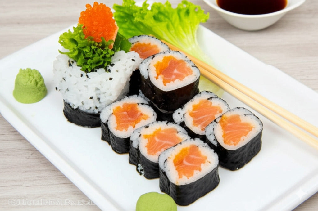 Tuna and vegetable nori rolls topped with salmon roe, served on a plate.