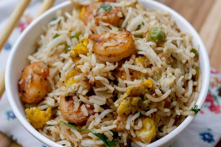 Vannamei Prawn Fried Rice in a bowl.