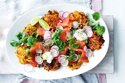 Veggie Rosti With Smoked Trout displayed on plate.