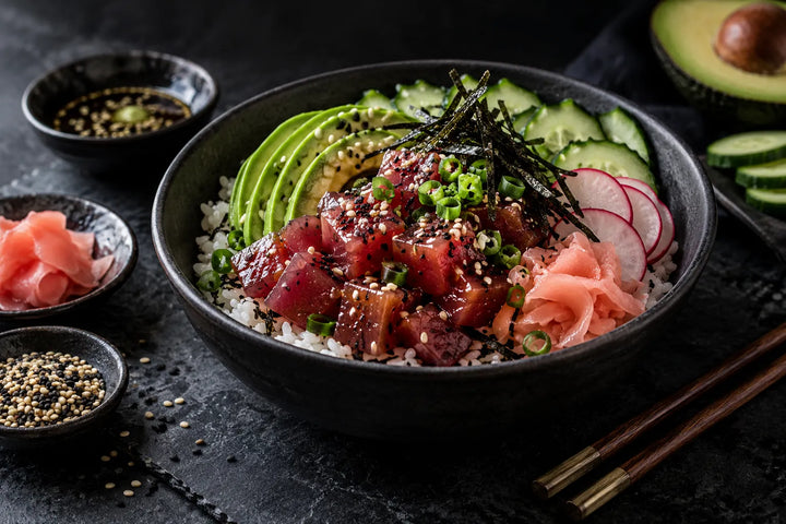 Wasabi Tuna Poke Bowl with Avocado & Pickled Ginger