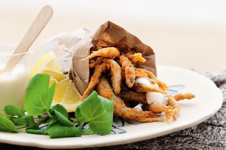 Whitebait With Coriander Aioli displayed on a plate.