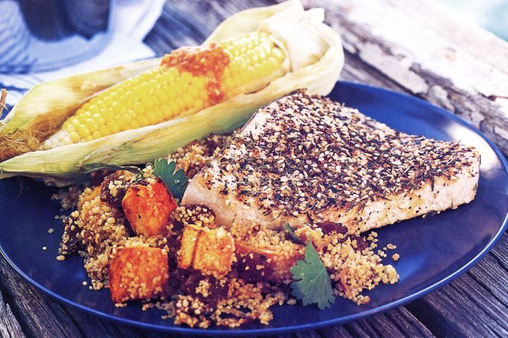 Zaatar Crusted Swordfish on a plate.