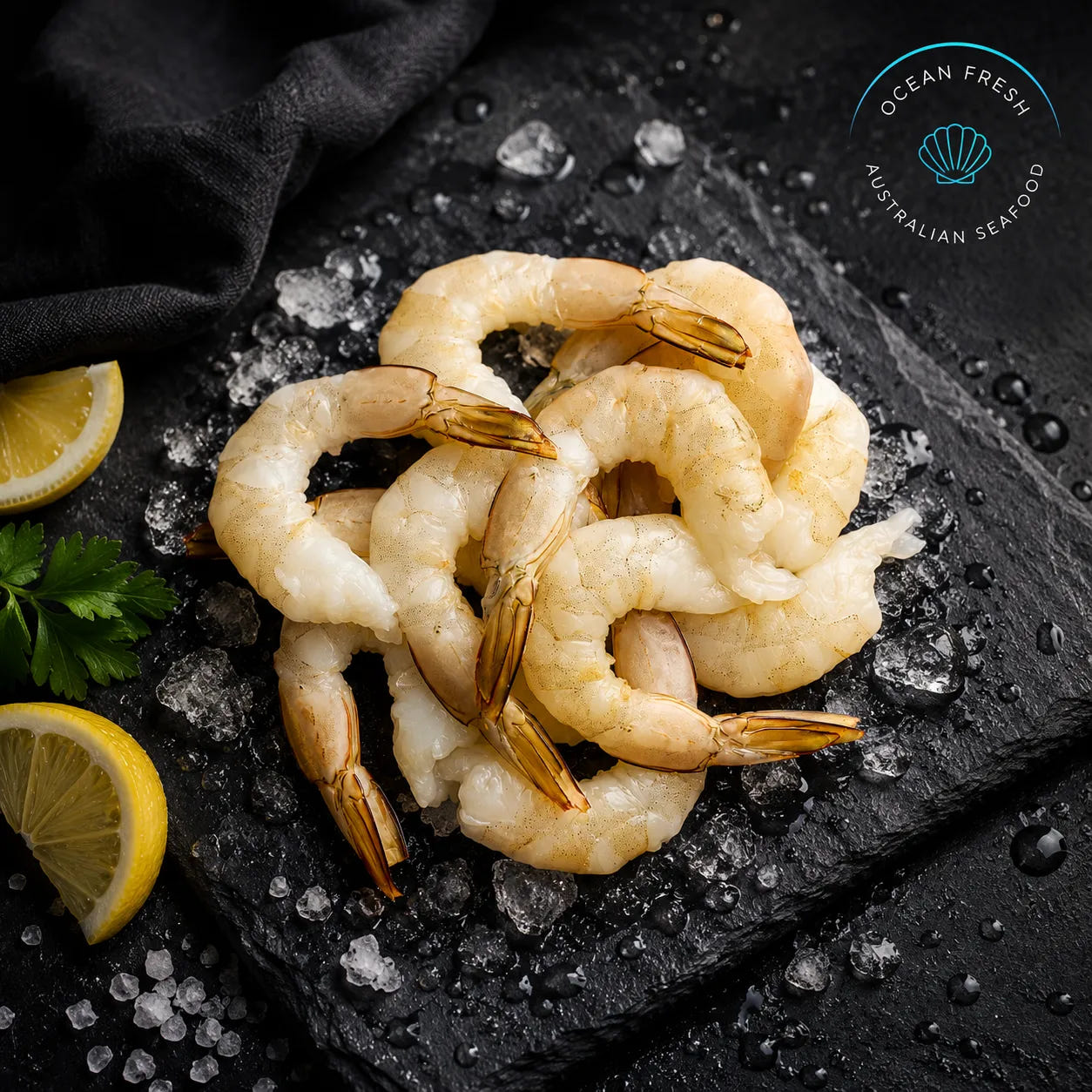 Frozen banana prawn cutlets with tails arranged on black slate with crushed ice and lemon