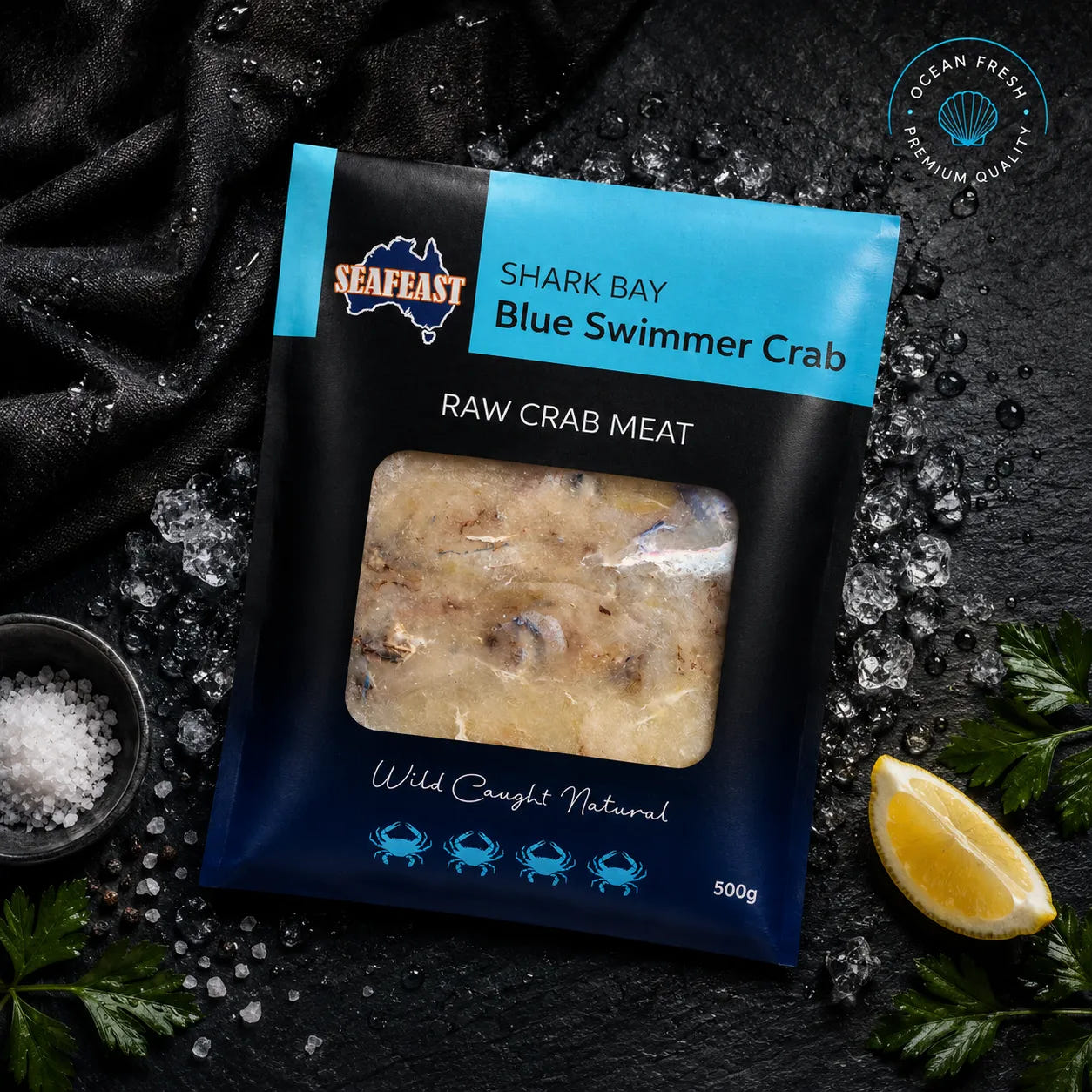 Pack of frozen Australian blue swimmer crab meat displayed on crushed ice
