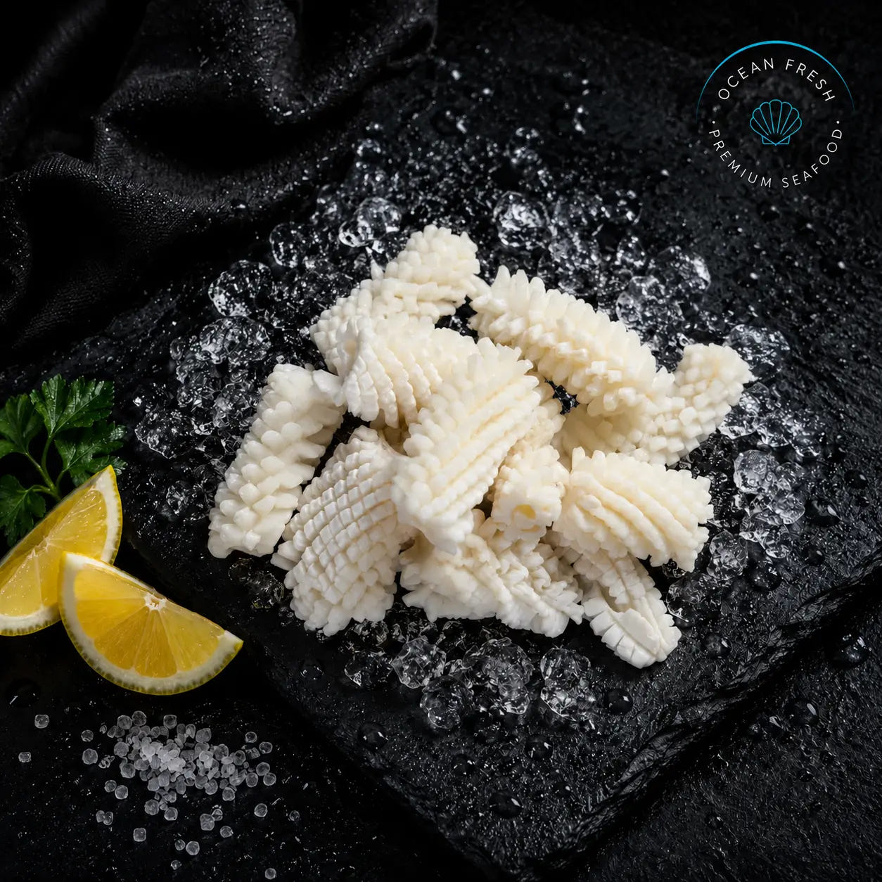 Frozen pineapple-cut squid pieces arranged on black slate with lemon