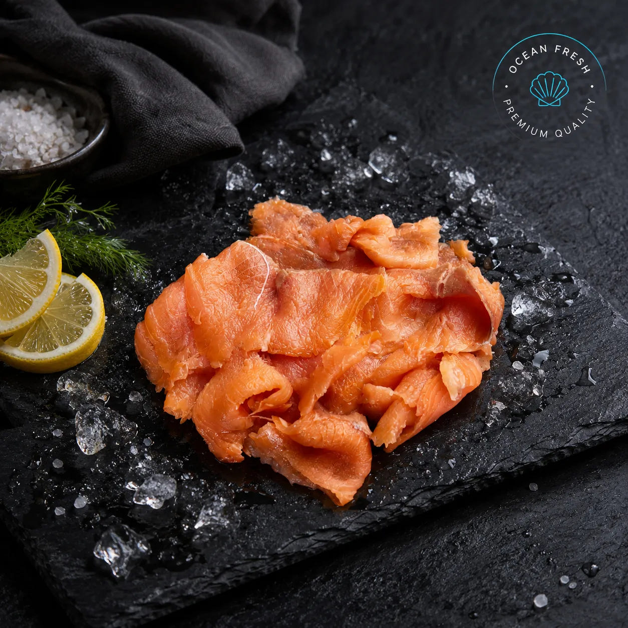 Slices of cold-smoked Atlantic salmon with crushed ice, lemon and dill