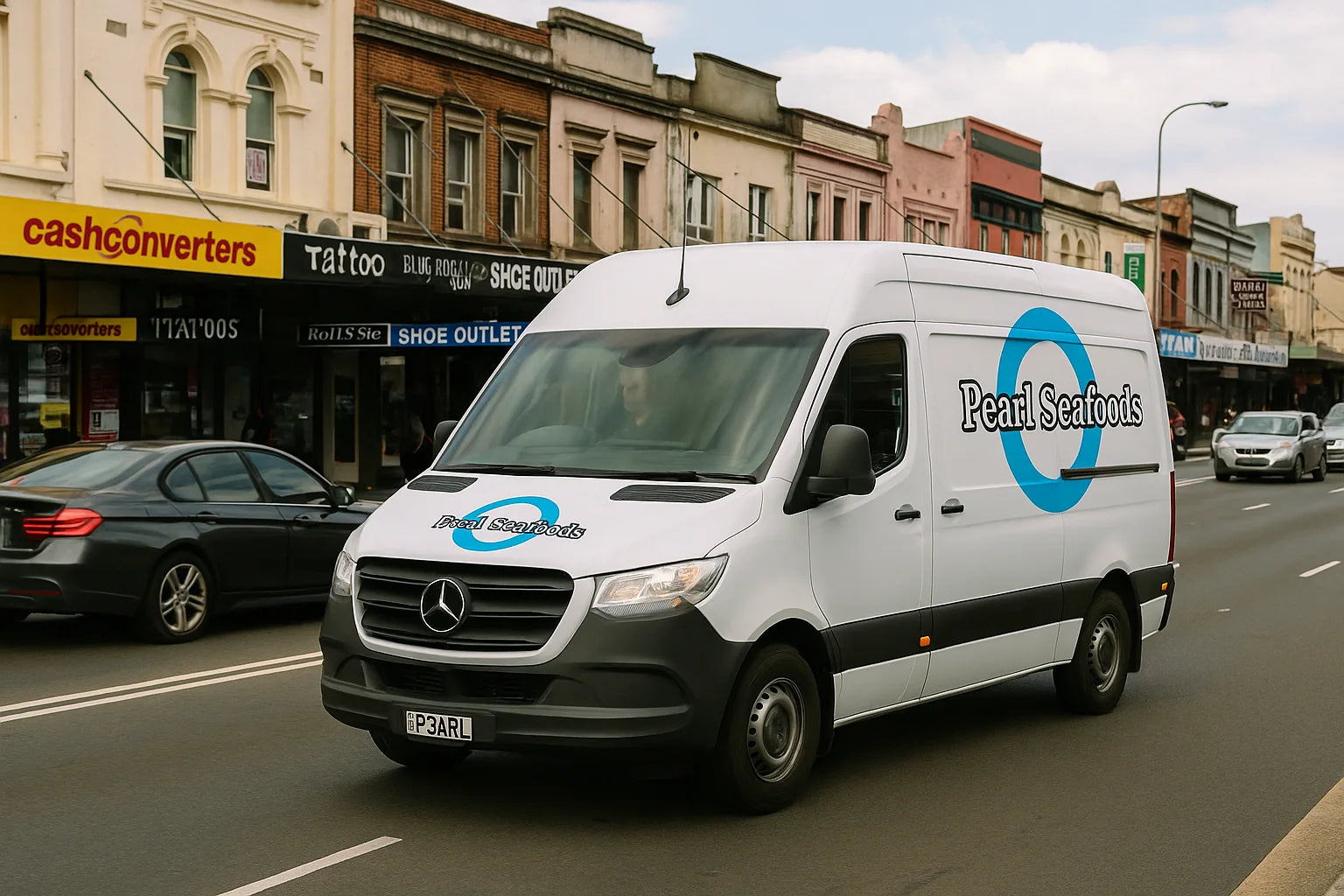 White van with 'Pearl Seafoods' branding on a city street.