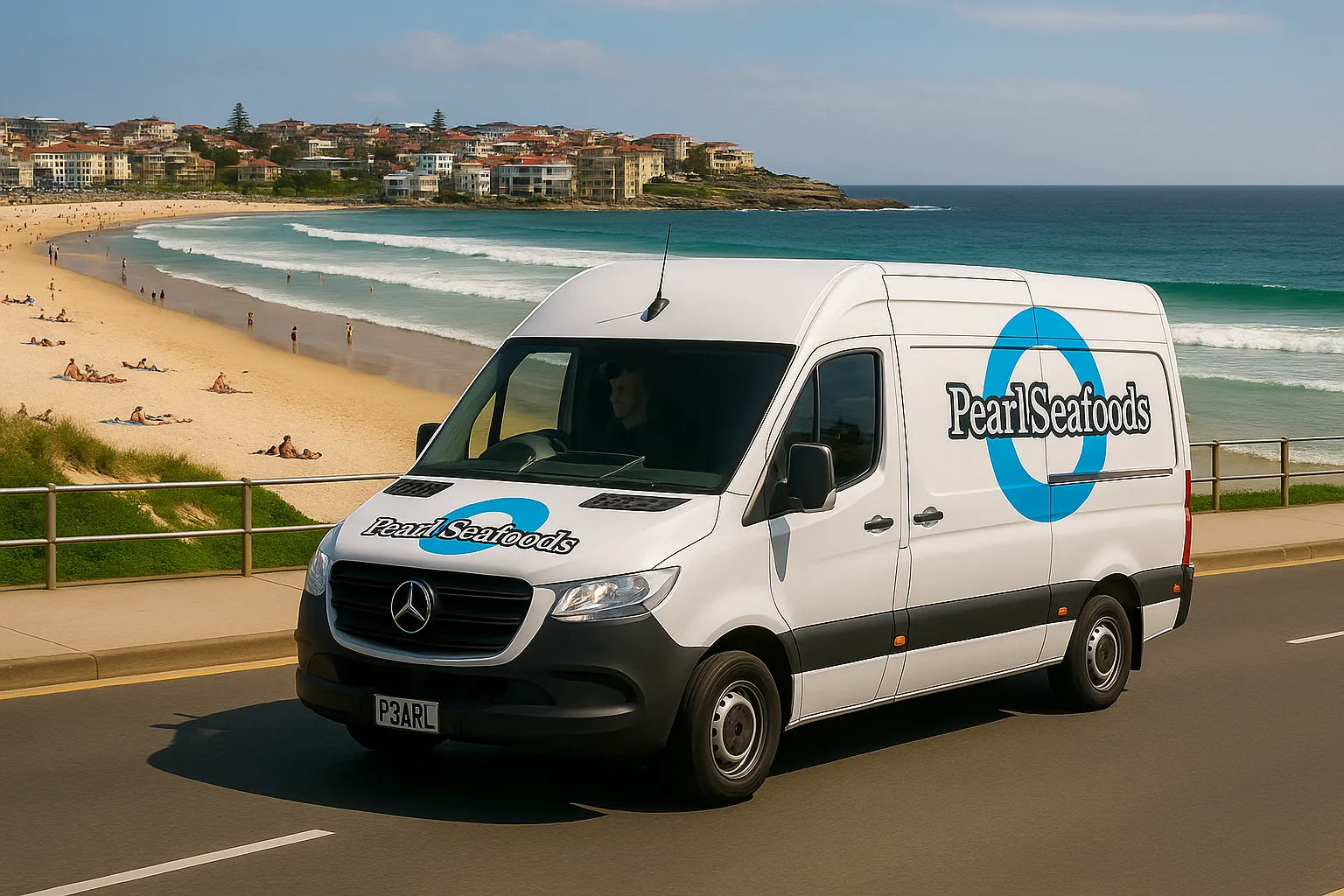 Pearl Seafoods van driving around Bondi beach delivering seafood.