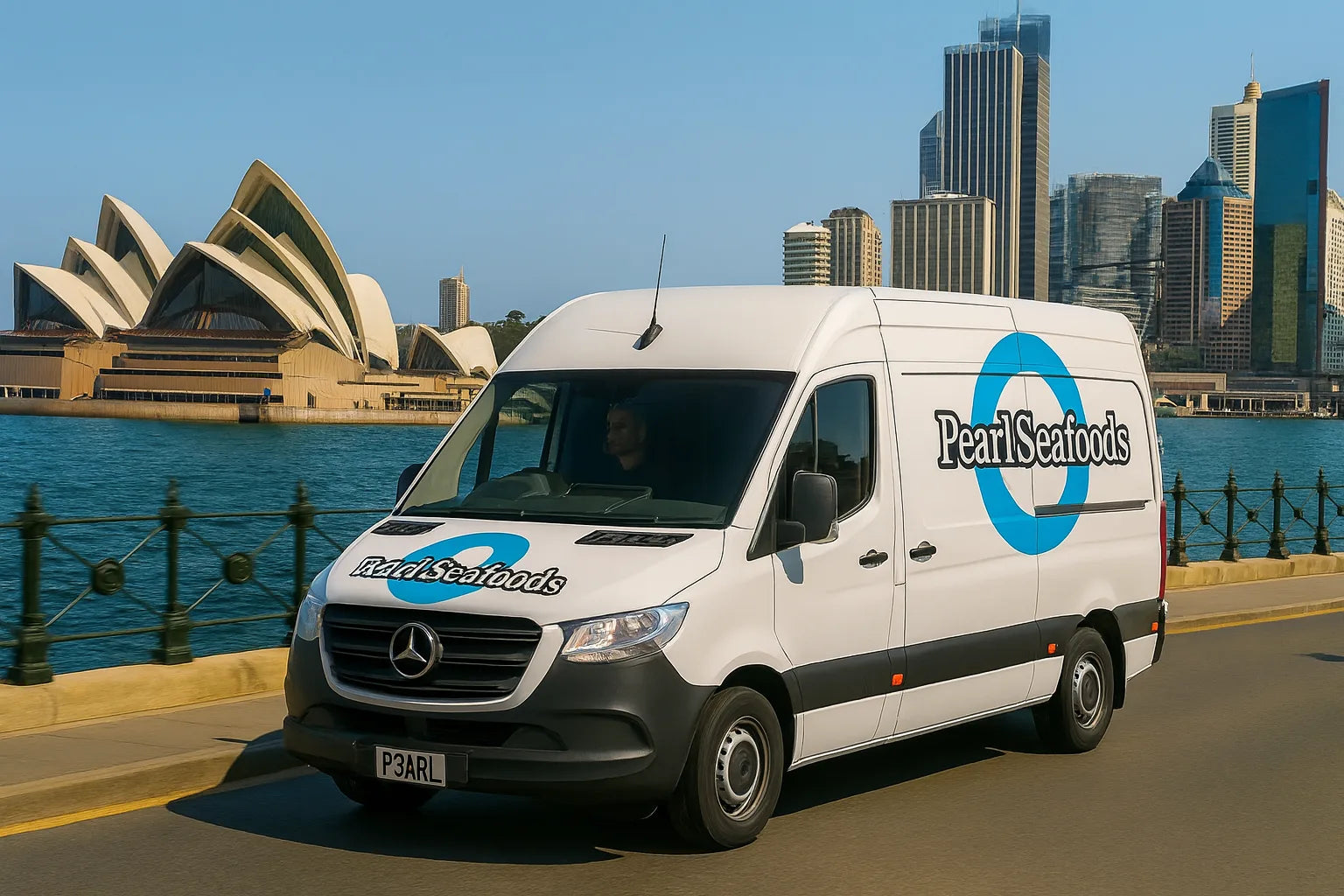 White van with 'Pearl Seafoods' logo in front of the Sydney Opera House and city skyline.