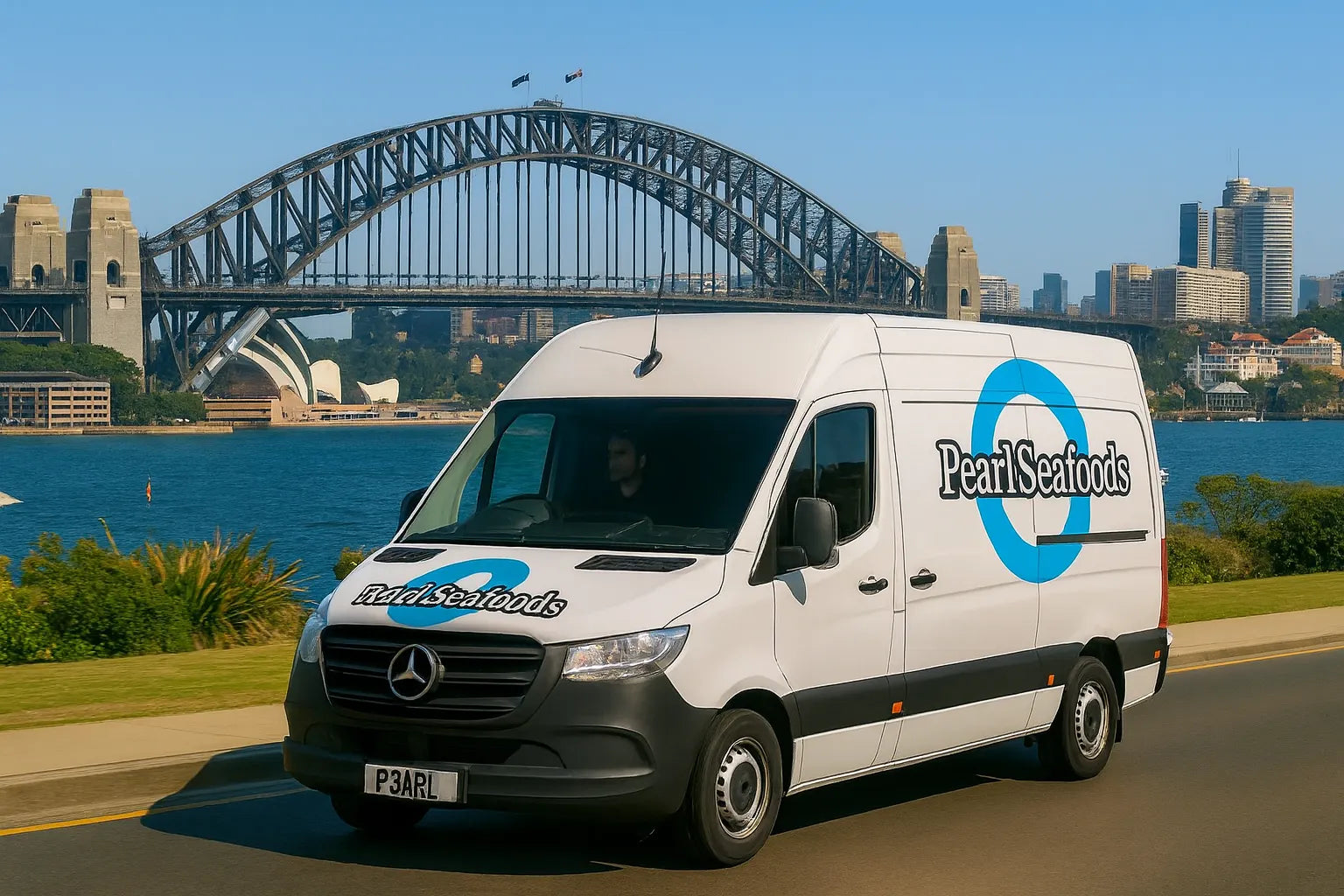 Pearl's Seafoods van on a road with Sydney Harbour Bridge in the background